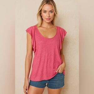 Stark X Pink Linen Flutter Sleeves Scoop Neck Relaxed Fit Top Size XS